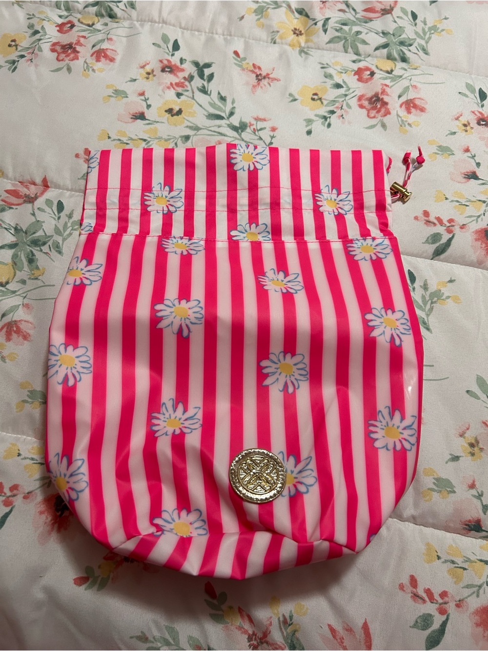 Pink Striped Daisy Drawstring Pouch